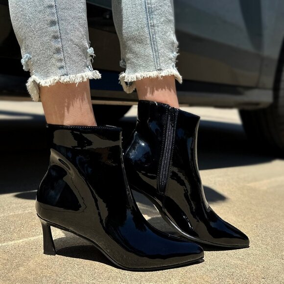 New Black Closed Pointed Toe Ankle Boots Booties Kitten Low Stiletto Heel Zipper - Picture 1 of 6